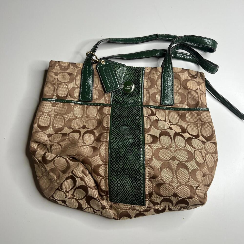 Coach F22706 Signature Stripe Patent Leather Tote Khaki Green Python Trim Handba
